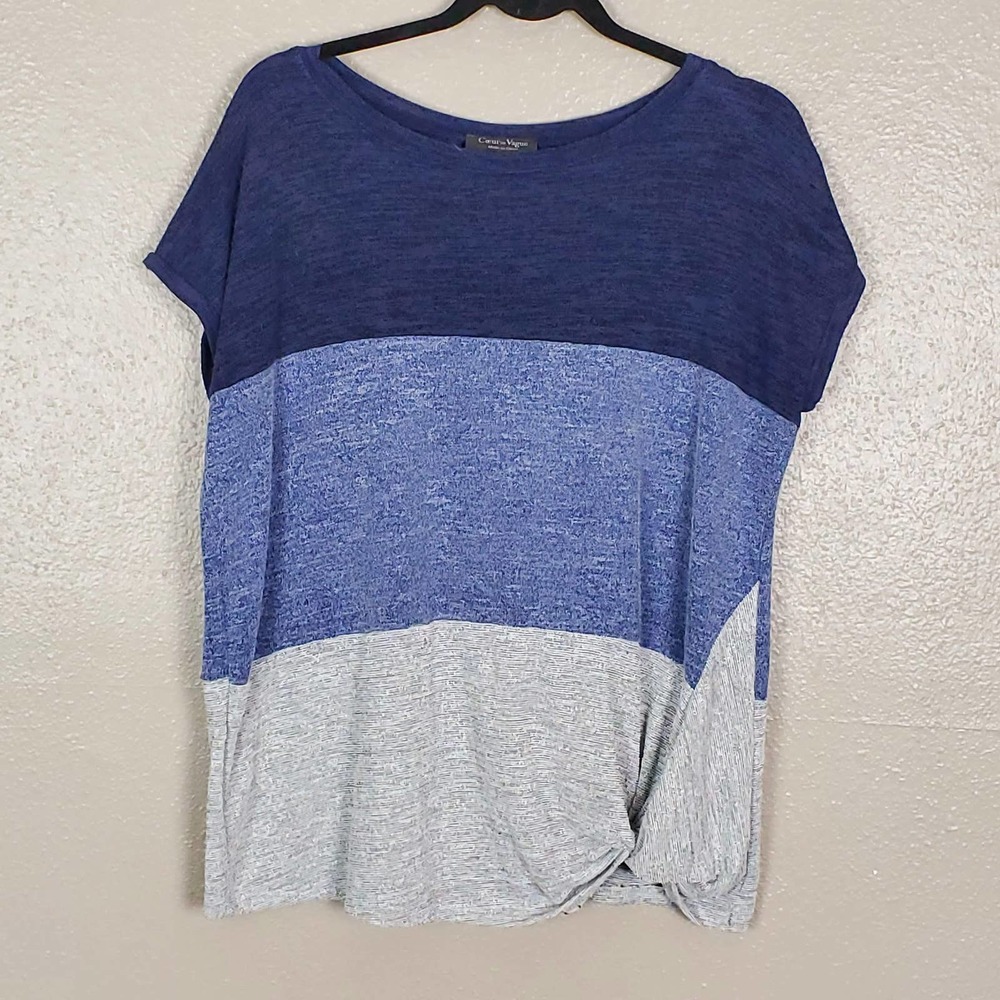 Coeur de Vague Blue/Gray Color Block Cap Sleeve Twist Hem Top XL